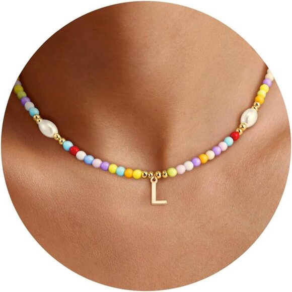 Personalized 14K Gold Plated Initial Necklace with Colorful Beads for Girls - Picture 1 of 7